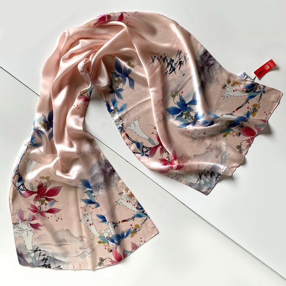 NWT Luxury Pure Silk Scarf Pink Blue Floral Bird Print 67